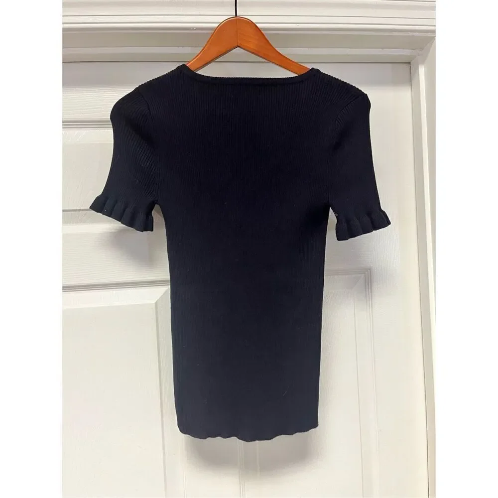 Carmen Marc Valvo Black Ribbed Short Sleeve Flutter Sleeve Sweater sz M EUC